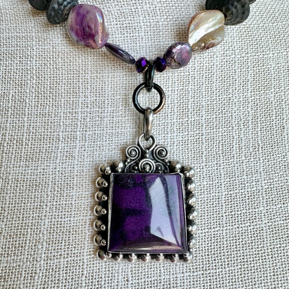 Purple Agate pendant sterling silver necklace African trade brass beads abalone - Picture 5 of 10